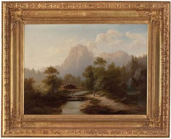 Flusslandschaft Im Hochgebirge Mit Wascherin Oil Painting by Gustav Barbarini