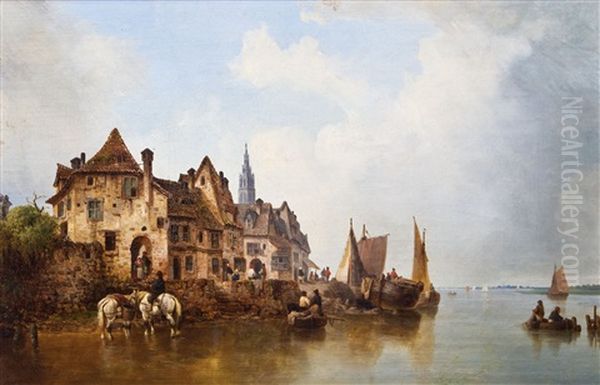 Hollandische Hafenpromenade Oil Painting by Ludwig Hermann