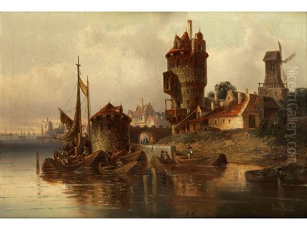 Hollandische Stadtansicht Mit Schiffen Oil Painting by Ludwig Hermann