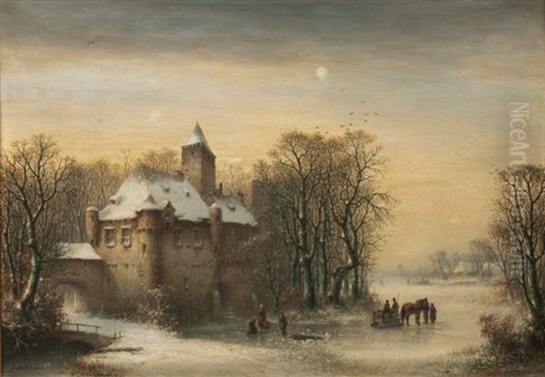 Old Castle In Pomerania In Winter Oil Painting by Ludwig Hermann