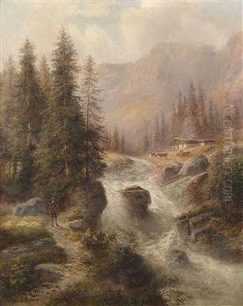 Hunter At An Alpine Creek Oil Painting by Gustav Barbarini