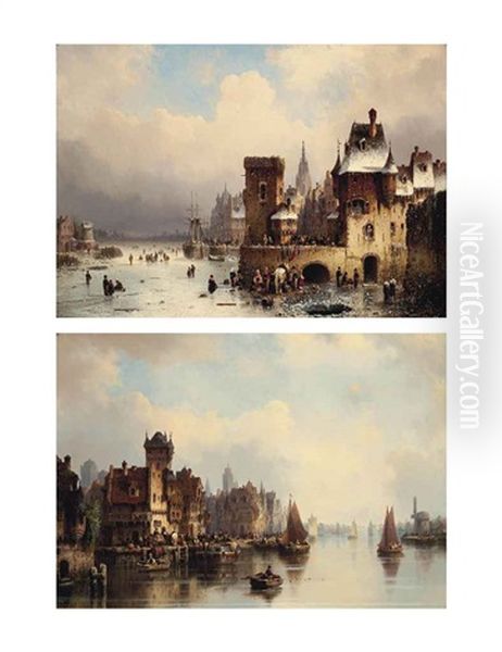 Skaters On A Frozen Waterway And Boats On A Waterway In A Northern European Town (pair) Oil Painting by Ludwig Hermann