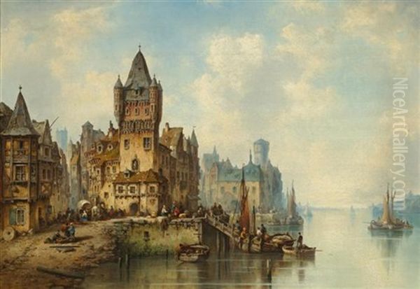 Figuren Auf Einem Kai Vor Einer Stadt Oil Painting by Ludwig Hermann