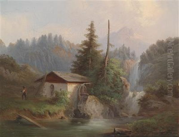 Alpine Stream With Wanderers Oil Painting by Gustav Barbarini