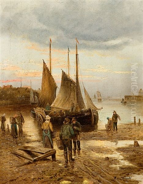 Fischerboote In Abendstimmung Oil Painting by Ludwig Hermann