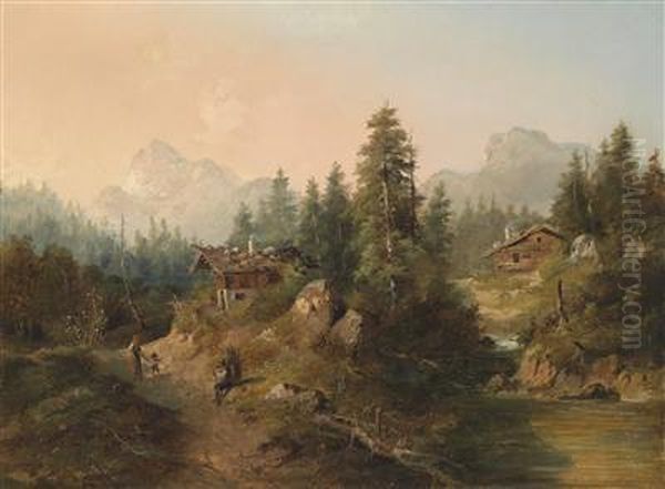 Alpine Landscape With Human And Animal Figures Oil Painting by Gustav Barbarini