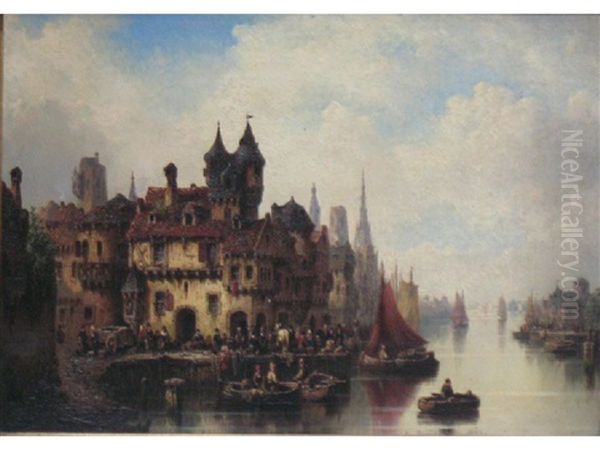 A Continental Port With Numerous Figures And Boats Oil Painting by Ludwig Hermann