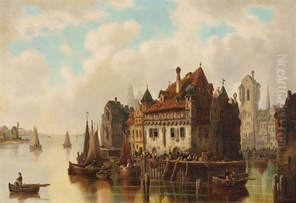 Ansicht Von Rotterdam Mit Ruderbooten Und Handlern An Der Anlegestelle Oil Painting by Ludwig Hermann