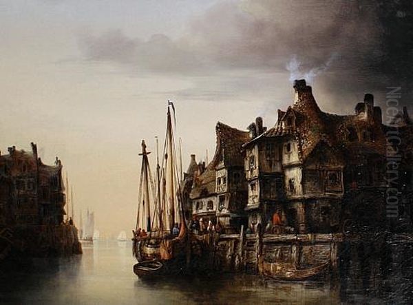 Dutch Canal Scene Oil Painting by Ludwig Hermann