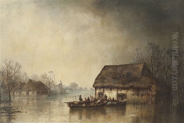 Pommersche Hutten Bei Uberschwemmung Oil Painting by Ludwig Hermann