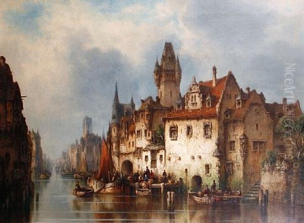 A Continental Canal Scene Oil Painting by Ludwig Hermann