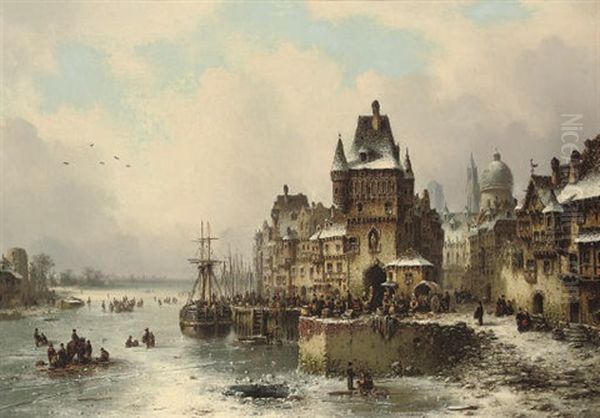 Market Day On A Frozen Lake Oil Painting by Ludwig Hermann