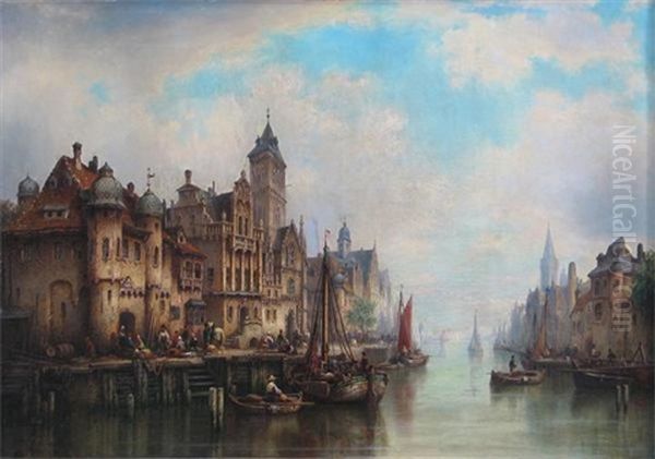 A View Of A Harbour In The Hague Oil Painting by Ludwig Hermann