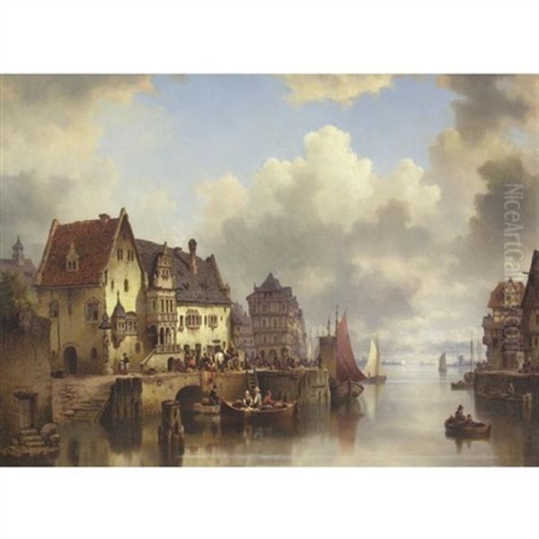 Ships In Harbor Oil Painting by Ludwig Hermann