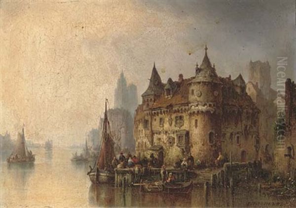 A Riverside Town by Ludwig Hermann