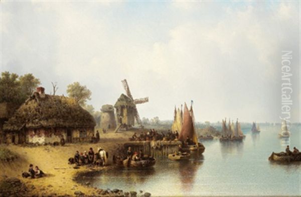 Hollandische Seelandschaft Mit Reicher, Figurlicher Staffage Oil Painting by Ludwig Hermann