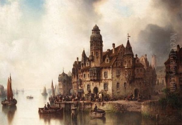 View Of A Riverside Town Oil Painting by Ludwig Hermann