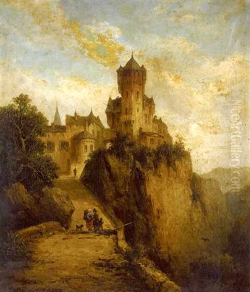 A View Of A Castle With Figures In The Foreground Oil Painting by Ludwig Hermann