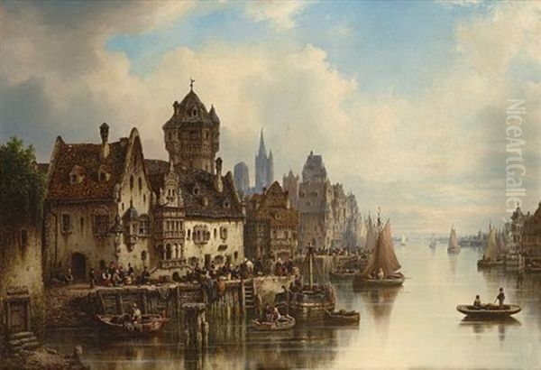 Figures On A Quay Before A Town Oil Painting by Ludwig Hermann