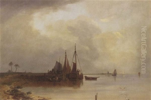 Jetty On The River Oil Painting by Ludwig Hermann