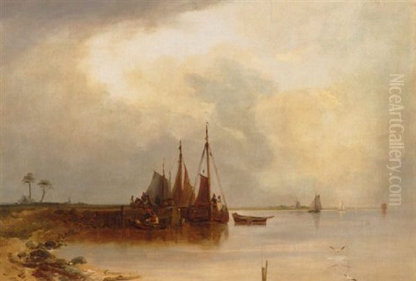 Jetty On The River Oil Painting by Ludwig Hermann