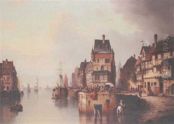 Busy Quay Side, Antwerp Oil Painting by Ludwig Hermann