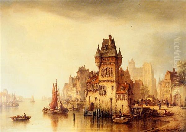 A View On The River, Dordrecht Oil Painting by Ludwig Hermann