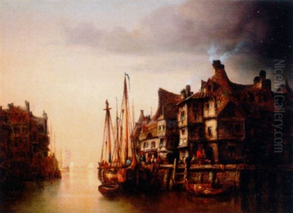 A Boat Alongside A Quay In A German Coastal Town Oil Painting by Ludwig Hermann