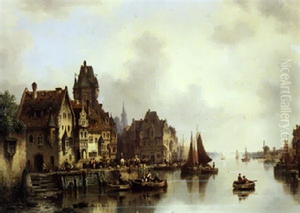 Hollandische Stadt An Einem Belebten Kanal Oil Painting by Ludwig Hermann