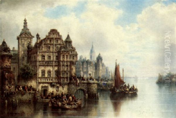 A Bustling Harbor Town Oil Painting by Ludwig Hermann