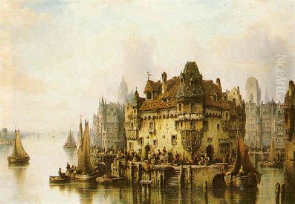 A Town On The Rhine With Numerous Figures On The Quay Oil Painting by Ludwig Hermann