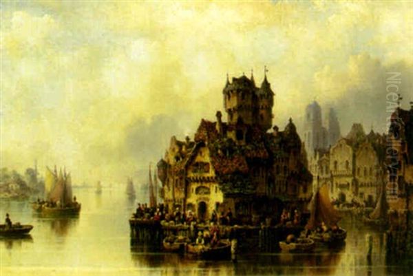 A Bustling Village Along A River Oil Painting by Ludwig Hermann