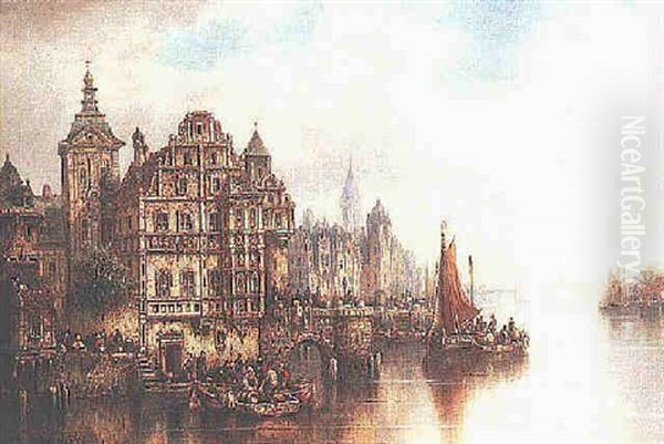 A Town Harbor With Figures On A Quay by Ludwig Hermann