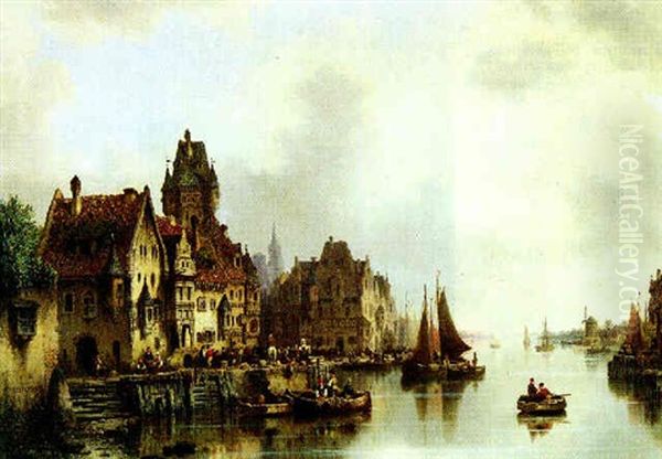 Hollandische Stadt An Einem Belebten Kanal Oil Painting by Ludwig Hermann