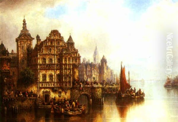 A Town Harbour With Figures On A Quay Oil Painting by Ludwig Hermann