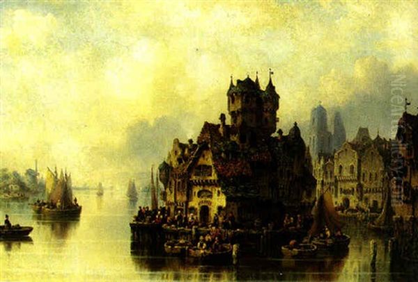 A Bustling Village Along A River Oil Painting by Ludwig Hermann