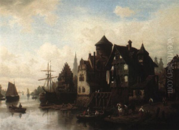 View Of A Town On The Rhine With Figures Oil Painting by Ludwig Hermann