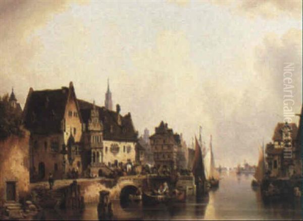 German Town Scene Oil Painting by Ludwig Hermann