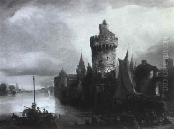 Ansicht Einer Alten Hafenstadt Mit Wehrturm Und Stadtummauerung Oil Painting by Ludwig Hermann