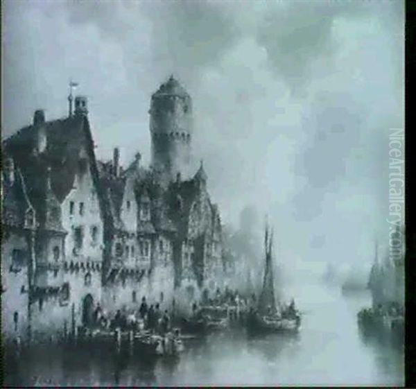 Mittelalterliche Stadt An Einem Fluss Oil Painting by Ludwig Hermann