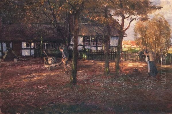 Evening At The Farm Oil Painting by Heinrich Hermanns