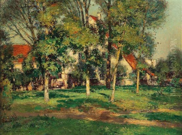 Houses Behind Trees In The Sunlight Oil Painting by Heinrich Hermanns