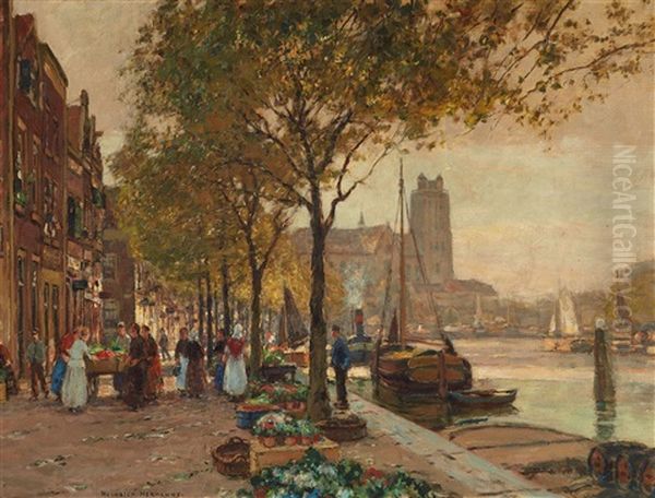 Auf Dem Blumenmarkt Oil Painting by Heinrich Hermanns