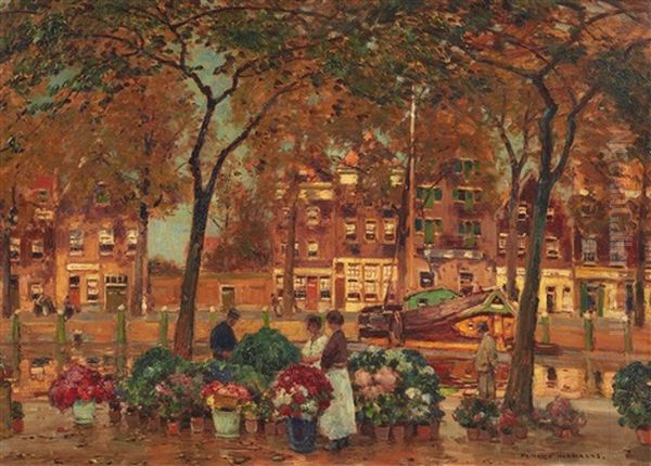 Blumenmarkt An Einer Gracht Oil Painting by Heinrich Hermanns