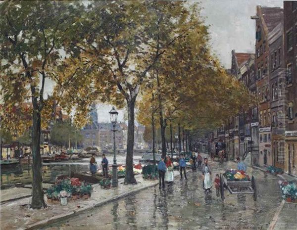 Flowermarket On The Singel, Amsterdam Oil Painting by Heinrich Hermanns