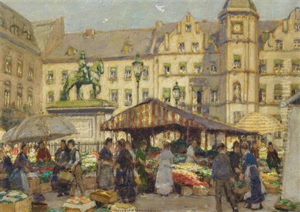 Marktstande In Dusseldorf Unterhalb Des Reiterdenkmals Des Jan Wellem Oil Painting by Heinrich Hermanns