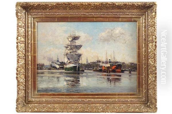 Boats In The Harbour Oil Painting by Heinrich Hermanns