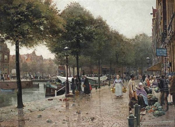 A Busy Day On The Market, Amsterdam Oil Painting by Heinrich Hermanns