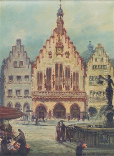 Blick Auf Den Marktplatz Einer (rheinlandischen) Stadt Oil Painting by Heinrich Hermanns