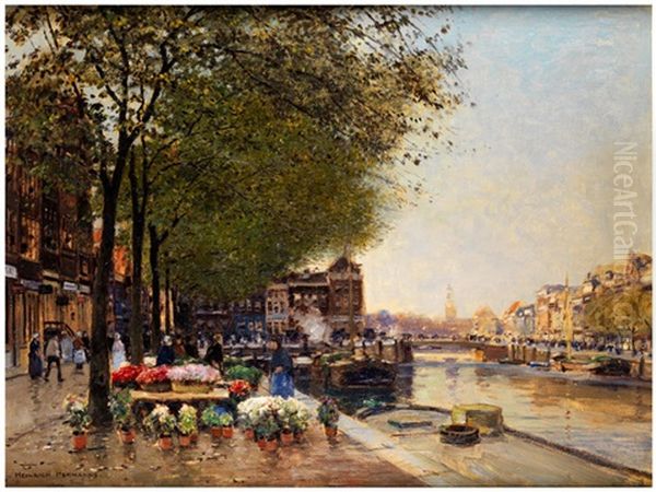 Blick Auf Den Blumenmarkt In Amsterdam Oil Painting by Heinrich Hermanns